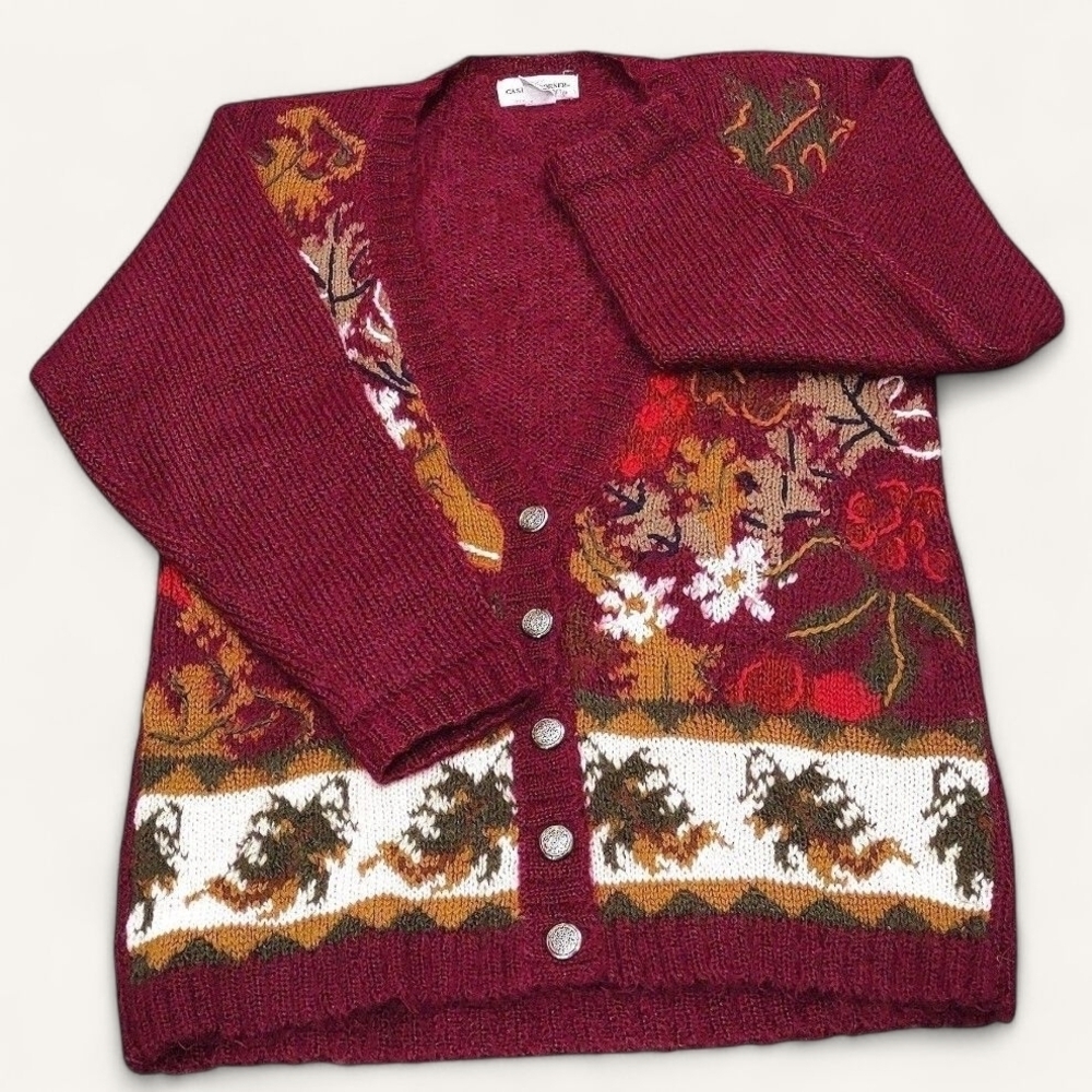 Vintage 90s Y2K Harvest Thanksgiving Burgundy Wool Blend Cardigan Casual Corner - Picture 3 of 12